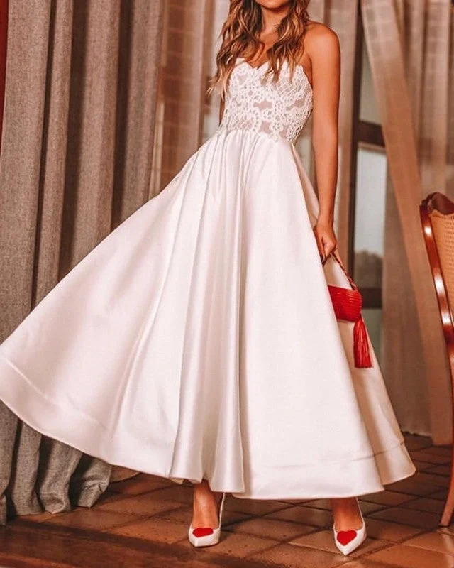 Lace Sweetheart Wedding Dress Satin Ball Gown Ankle Length Off-shoulder Wedding Gown Lace Sweetheart Wedding Dress Satin Ball Gown Ankle Length Off-shoulder Wedding Gown