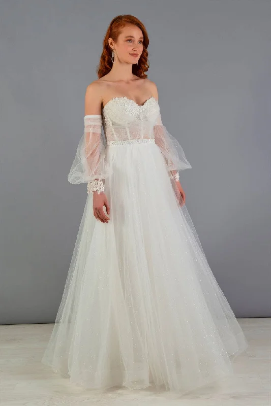 Angelino Ecru Tulle Low Sleeve Engagement Evening Dress Long Sleeve Gown