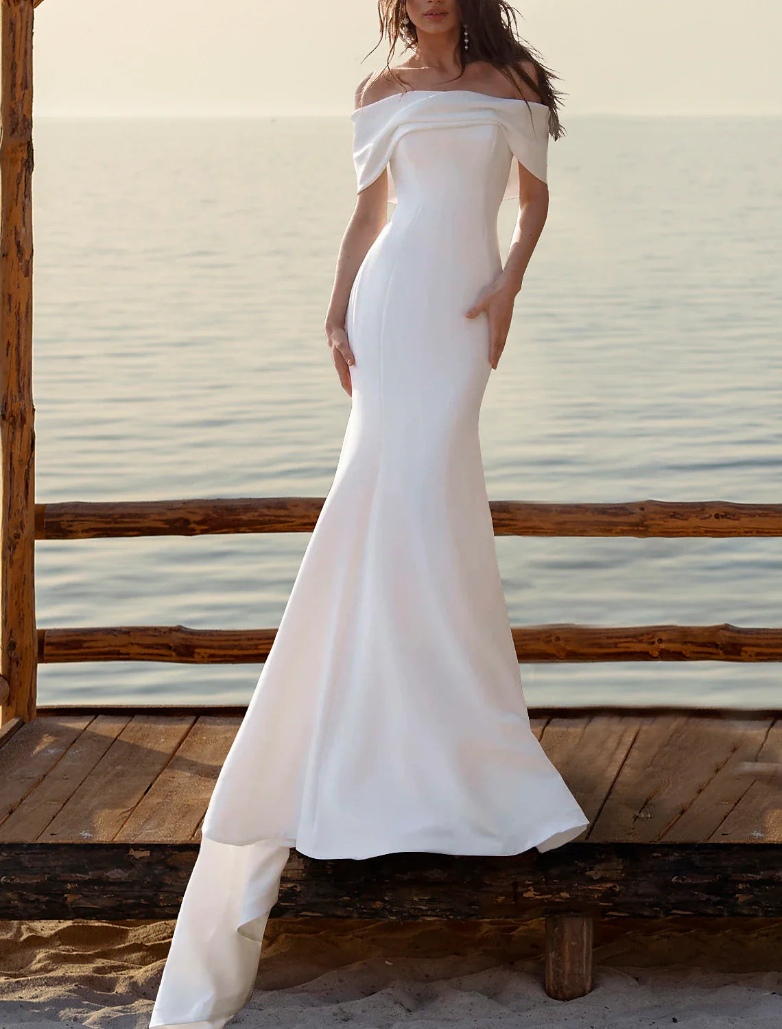 Beach Simple Wedding Dresses Mermaid / Trumpet Off Shoulder Cap Sleeve Court Train Satin Bridal Gowns With Ruched Classic Bridal Gown Beach Simple Wedding Dresses Mermaid / Trumpet Off Shoulder Cap Sleeve Court Train Satin Bridal Gowns With Ruched Classic Bridal Gown