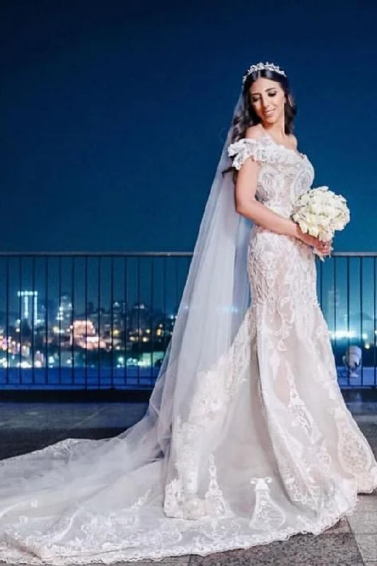Beautiful Long Mermaid Wedding Dress Off-the-shoulder With Lace Tulle Formal Wedding Dress