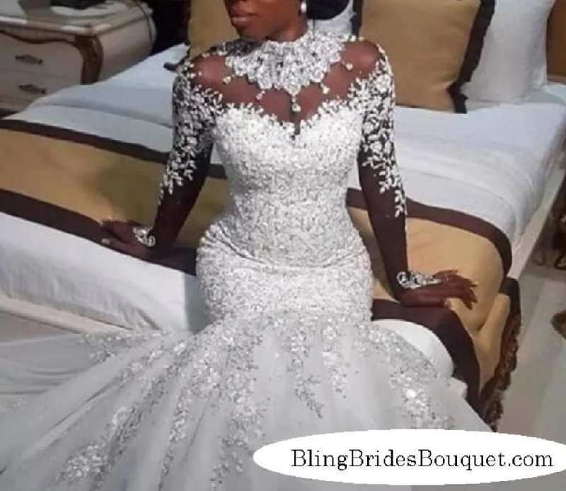 Bling Bling Satin Mermaid Wedding Dress with Crystals Beaded Sheer Long Sleeves Chic Wedding Gown Bling Bling Satin Mermaid Wedding Dress with Crystals Beaded Sheer Long Sleeves Chic Wedding Gown