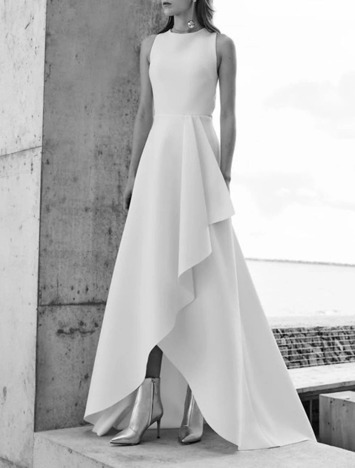 Bridal Shower Formal Wedding Dresses A-Line Scoop Neck Sleeveless Asymmetrical Satin Bridal Gowns With Split Front Illusion Neckline Gown Bridal Shower Formal Wedding Dresses A-Line Scoop Neck Sleeveless Asymmetrical Satin Bridal Gowns With Split Front Illusion Neckline Gown