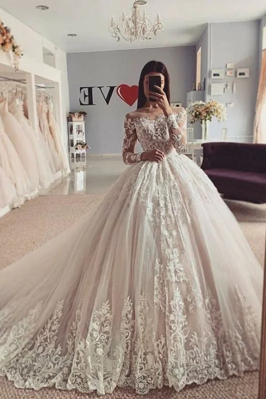 Charming Long Sleeves Lace Tulle Ball Gown Wedding Dress Modern Wedding Gown
