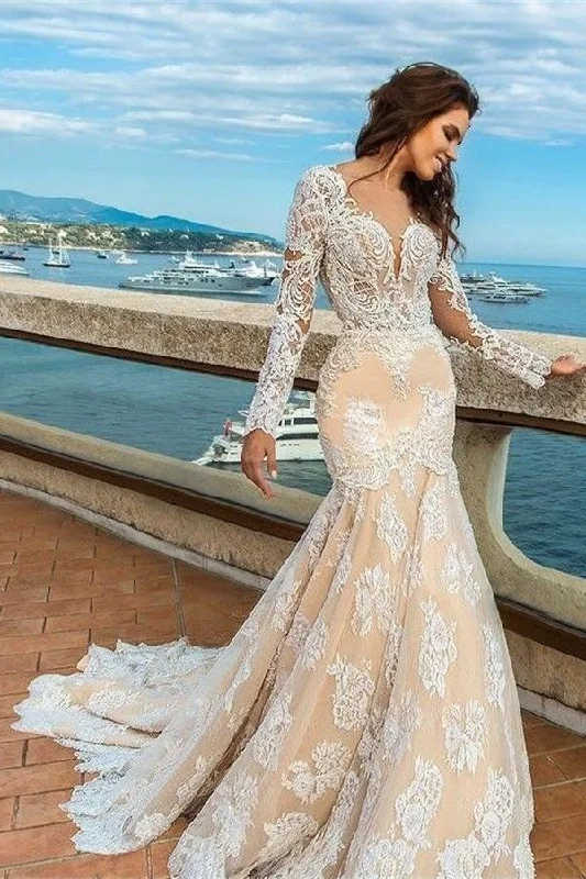 Charming Mermaid Long Sleeves Open Back Long Wedding Dress Silk Wedding Gown