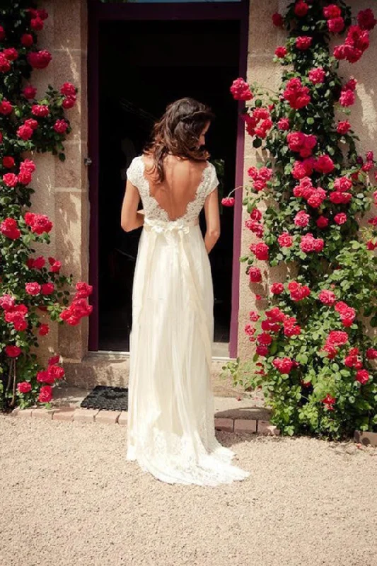 Chic A Line Short Sleeves V Neck Open Back Lace Appliques Wedding Dresses Lace Train Dress Chic A Line Short Sleeves V Neck Open Back Lace Appliques Wedding Dresses Lace Train Dress