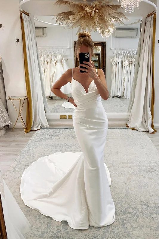 31705 - Spaghetti Straps V-neck Pleats Simple Mermaid Wedding Dress Classic Bridal Dress 31705 - Spaghetti Straps V-neck Pleats Simple Mermaid Wedding Dress Classic Bridal Dress