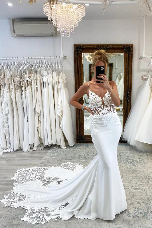 31707 - Attractive V-Neck Lace Appliques Bohemian Wedding Dress Full Length Gown