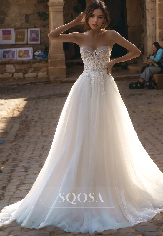 A-Line Sweetheart Floor Length Tulle with Beaded and Applique Wedding Dress Tiered Wedding Dress A-Line Sweetheart Floor Length Tulle with Beaded and Applique Wedding Dress Tiered Wedding Dress