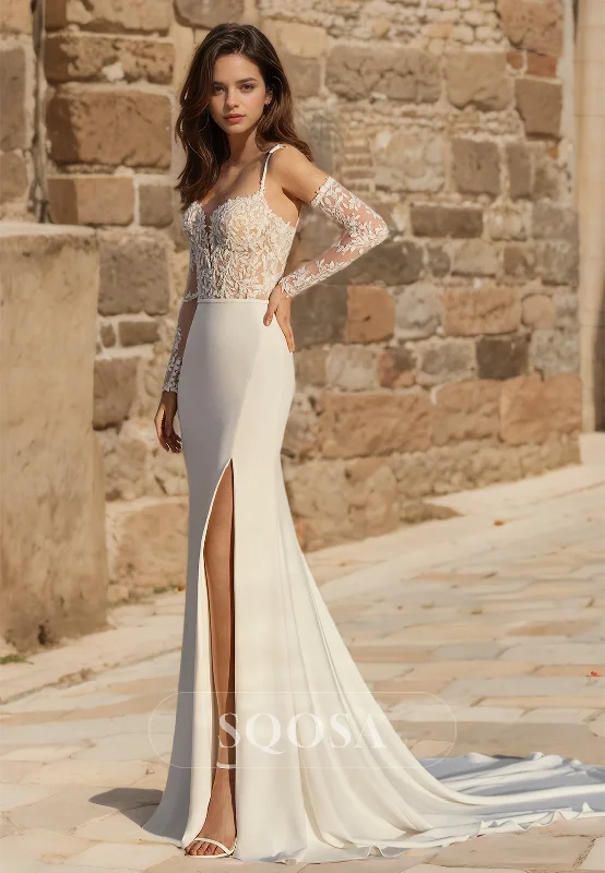 Sweetheart Spaghetti Straps Appliques Beach Wedding Gowns Three Quarter Sleeves Sweep Train Wedding Dress Ruffle Wedding Gown Sweetheart Spaghetti Straps Appliques Beach Wedding Gowns Three Quarter Sleeves Sweep Train Wedding Dress Ruffle Wedding Gown
