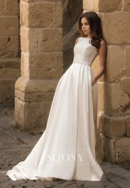 Sleeveless Scoop-Neck Off-Shoulder Bride Gowns Pleated Satin A-Line with Train Wedding Dress Full Skirt Gown Sleeveless Scoop-Neck Off-Shoulder Bride Gowns Pleated Satin A-Line with Train Wedding Dress Full Skirt Gown