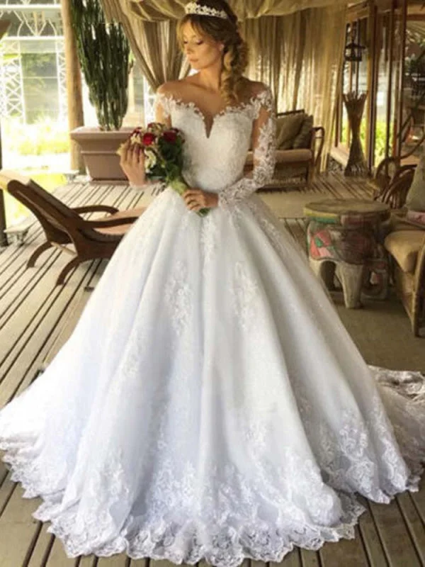 Luxury Long Sleeves Lace Ball Gown Wedding Dresses Off-shoulder Bridal Dress