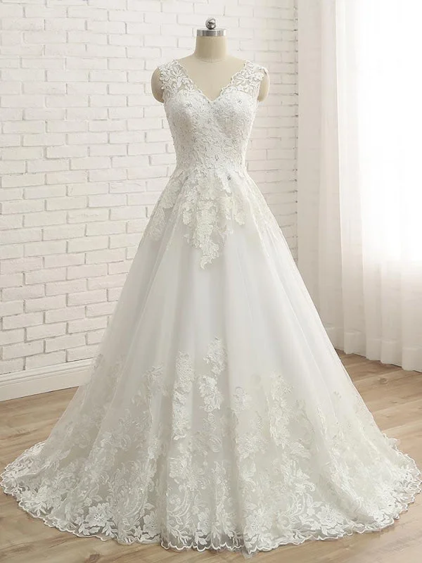 Elegant V-Neck Lace Ball Gown Wedding Dresses Floral Lace Wedding