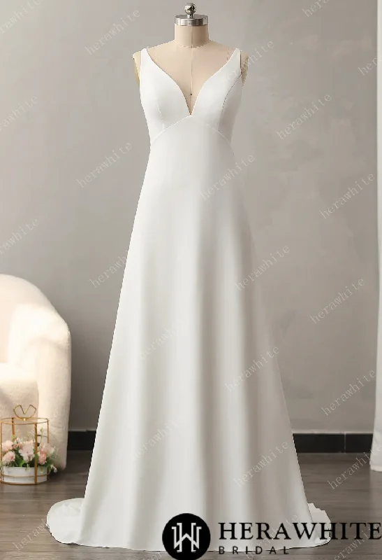 Empire Waist Crepe A-line Dress with Illusion Back Soft Satin Bridal