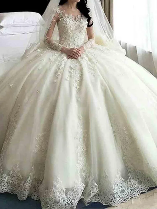 Glamorous Long Sleeves Lace Beaded Ball Gown Wedding Dresses Mermaid Lace Gown