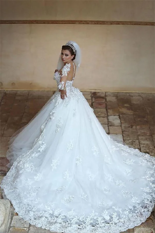 Gorgeous Long Sleeves Long White Ball Gown Lace Tulle Wedding Dress Beaded Wedding Gown Gorgeous Long Sleeves Long White Ball Gown Lace Tulle Wedding Dress Beaded Wedding Gown