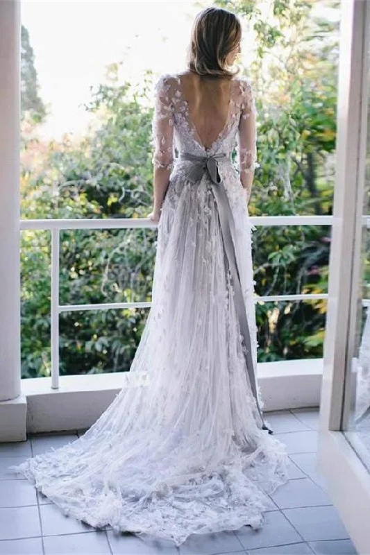 Elegant Charming A-line Half Sleeves Open Back Long Wedding Dress Silk Bridal Dress