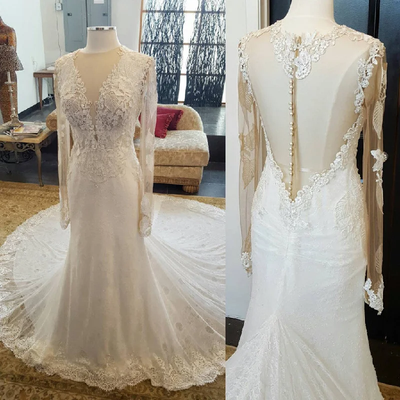 Inspired Lace Pearl Detailing Fitted Trumpet Style Long Sleeves Wedding Dress, WG645 Elegant Lace Gown Inspired Lace Pearl Detailing Fitted Trumpet Style Long Sleeves Wedding Dress, WG645 Elegant Lace Gown