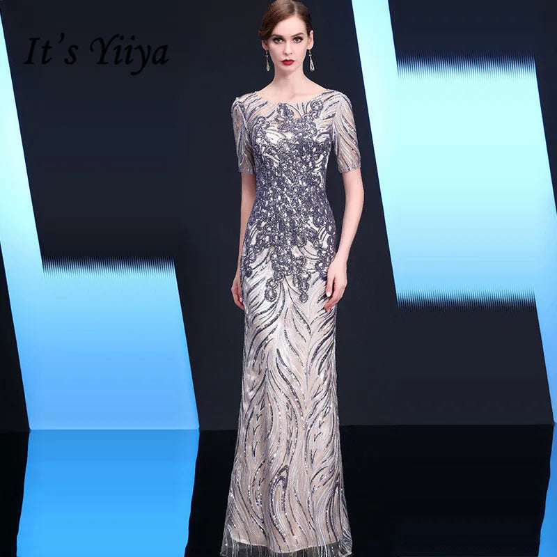 It's Yiiya Sequined Evening Gown Short Sleeve Illusion O-Neck Robe De Soiree K163 Straight Floor-Length Evening Dress 2020 Wedding Dress Style It's Yiiya Sequined Evening Gown Short Sleeve Illusion O-Neck Robe De Soiree K163 Straight Floor-Length Evening Dress 2020 Wedding Dress Style