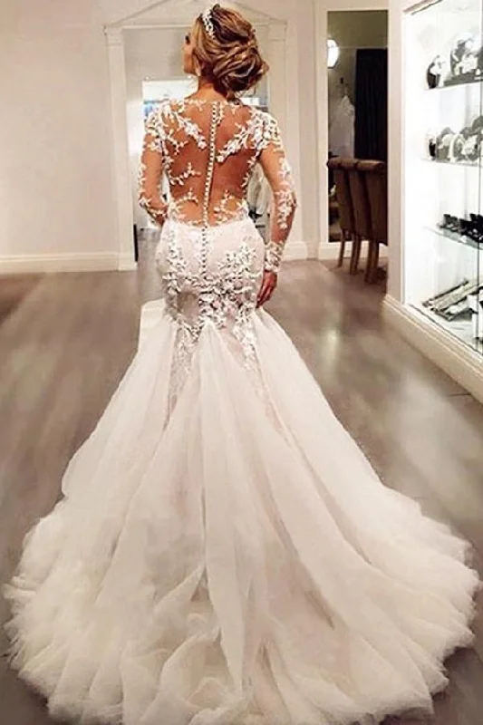 Long Sleeves Court Train Ivory Wedding Dress With Lace Appliques Glitter Wedding Dress Long Sleeves Court Train Ivory Wedding Dress With Lace Appliques Glitter Wedding Dress