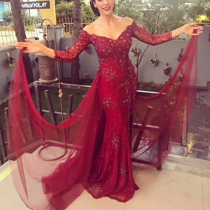 Modest 3/4 Sleeves Lace Mermaid Evening Gowns Formal Wedding Dress