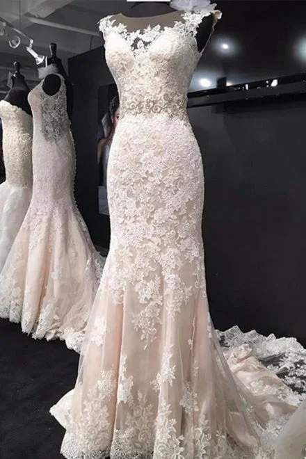 Modest Ivory Mermaid Long Lace Wedding Dress Bridal Gowns Simple Satin Gown