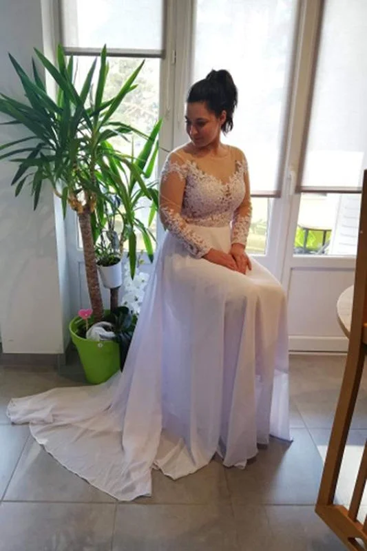 Modest Long Sleeves Lace A-Line Ruffles Wedding Dresses Beaded Lace Wedding