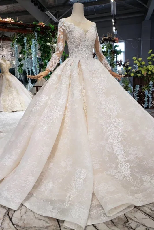 Princess Sleeves Sheer Neck Ball Gown Lace Long Wedding Dress Beautiful Lace Gown