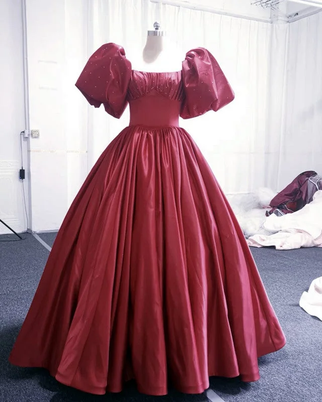Puffy Sleeves Ball Gown Satin Dresses Long Sleeve Gown