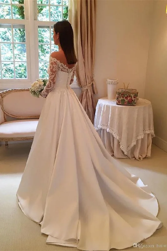 Simple Ivory Long Sleeves Lace Wedding Dress Empire Waist Dress