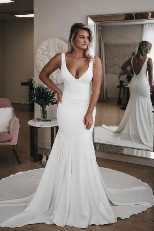 Simple V Neck Mermaid Wedding Dress With Long Train, Sexy Backless Beach Wedding Dress N1723 Full Skirt Gown Simple V Neck Mermaid Wedding Dress With Long Train, Sexy Backless Beach Wedding Dress N1723 Full Skirt Gown