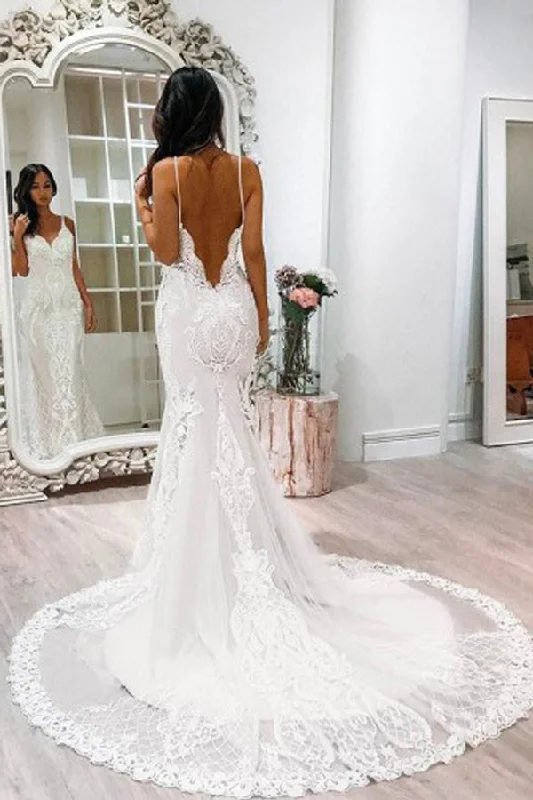 Spaghetti Straps Open Back Mermaid Long Lace Wedding Dresses Princess Wedding Dress