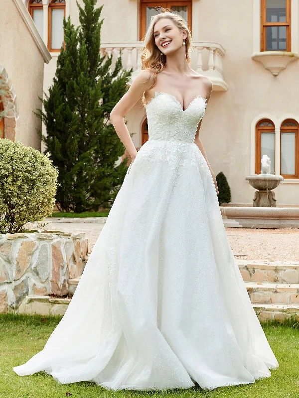 Sweetheart lace pleats sweep across trailing wedding dress Short Wedding Gown