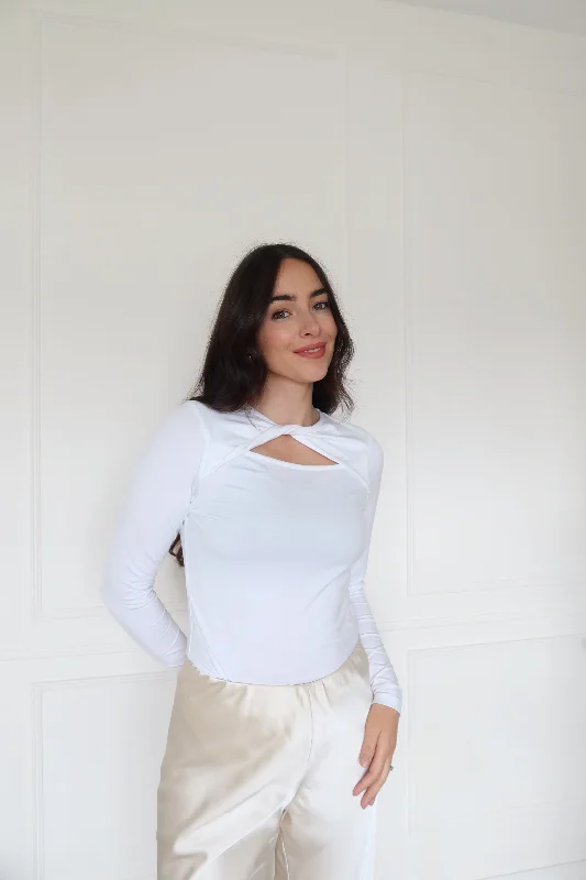 "The Ashley" - Twist Neck Top (White) Romantic Satin Dress