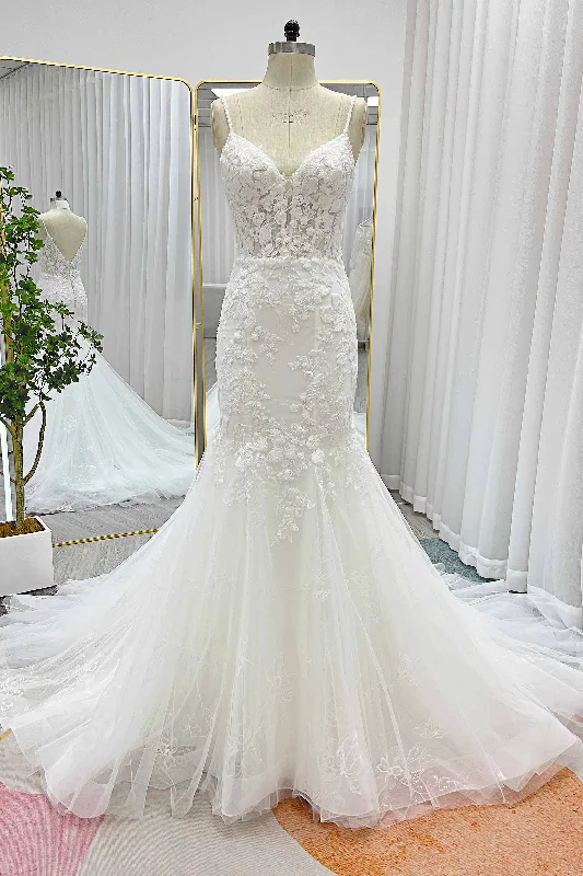 Trumpet-Mermaid Chapel Train Lace Tulle Wedding Dress CW3228 Lace Wedding Dress