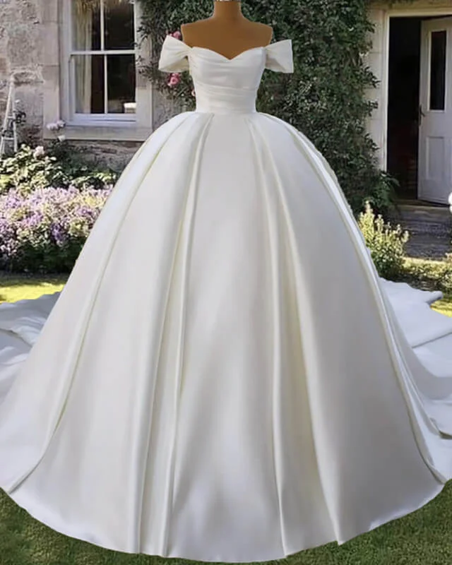 White Satin Off Shoulder Bridal Ball Gown Dress Lace Boho Dress