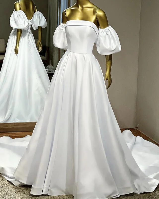 Puffy Sleeve Satin Bridal Gown Ball Gown Wedding