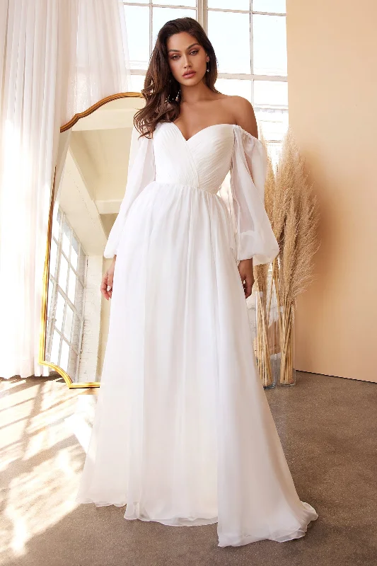 White Long Sleeve Chiffon Gown by Cinderella Divine CD243W Chic Lace Dress