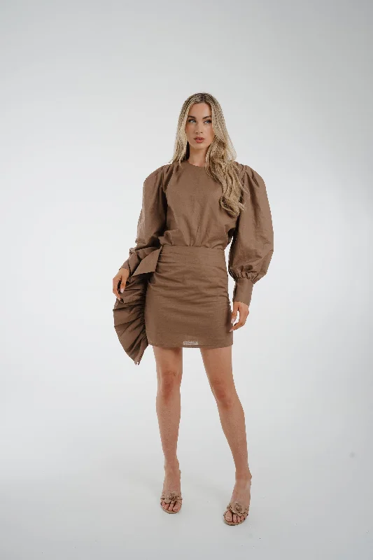 Jasmine Side Ruffle Linen Skirt In Mocha Engagement unclassified skirts