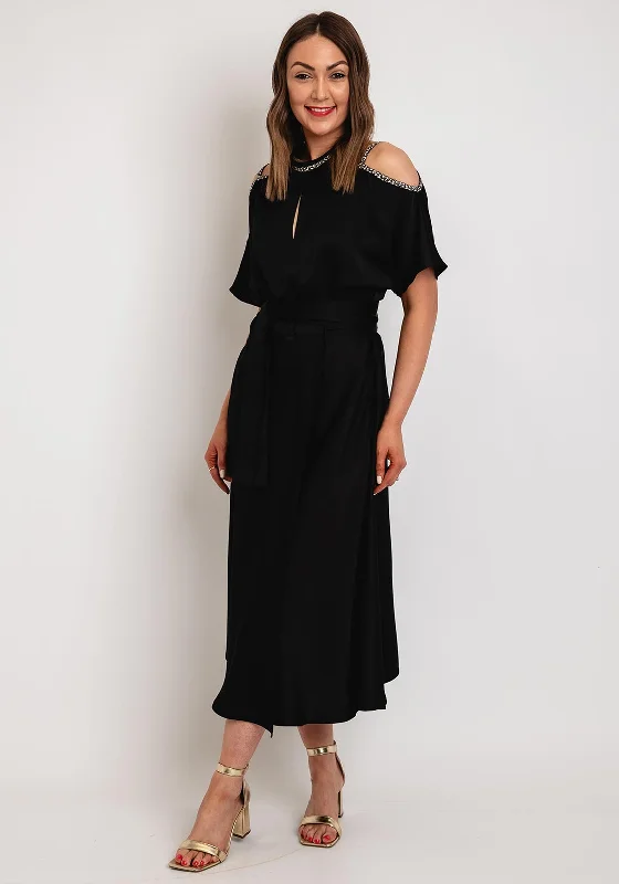 Camelot Cold Shoulder Satin Touch Midi Dress, Black Holiday midi dresses