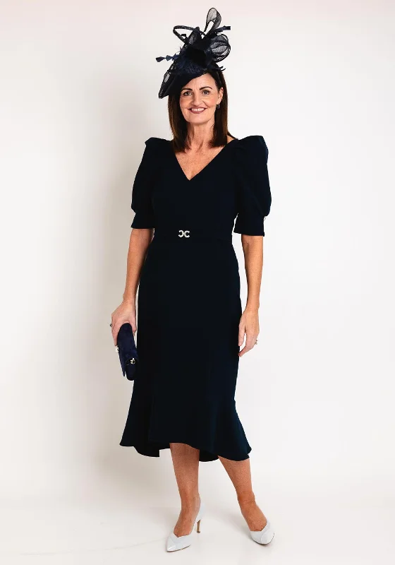 Claudia C Amsterdam Dip Hem Midi Dress, Navy Discounted midi dresses