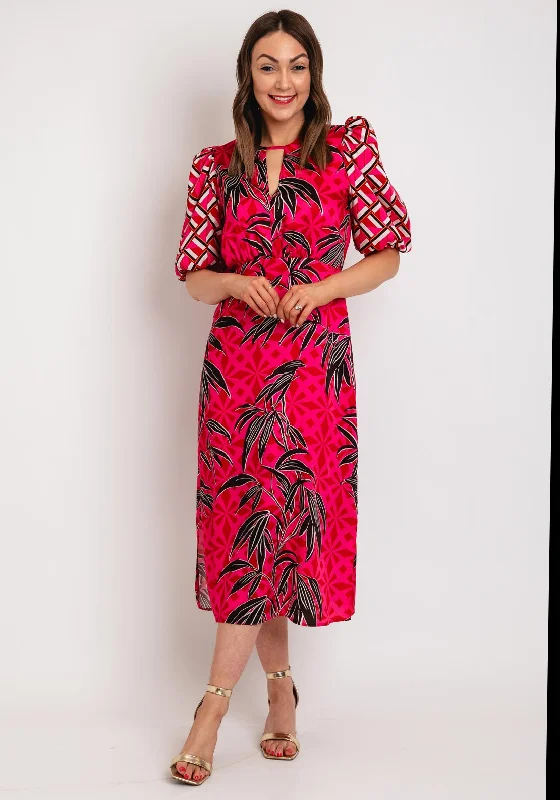 Fee G Ellen Round Neck Mixed Print Midi Dress, Pink Glamorous midi dresses