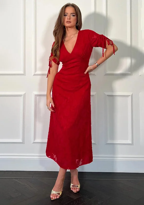Girl In Mind Emily Tie Sleeve Burnout Midi Dress, Red Sexy midi dresses