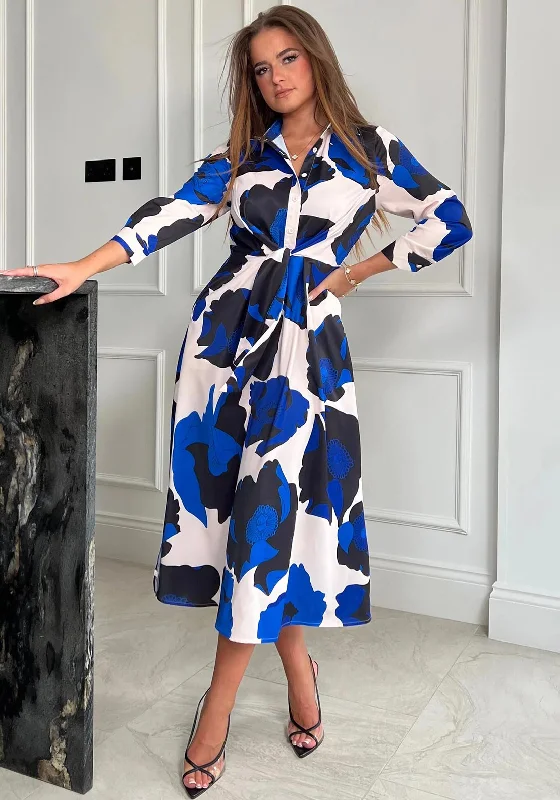Girl In Mind Isabella Tie Front Floral Print Midi Shirt Dress, Blue Vacation midi dresses Girl In Mind Isabella Tie Front Floral Print Midi Shirt Dress, Blue Vacation midi dresses