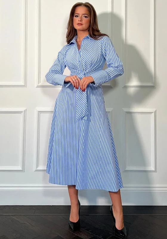Girl In Mind Isabella Pinstripe Tie Front Midi Shirt Dress, Blue Best midi dresses for summer vacation