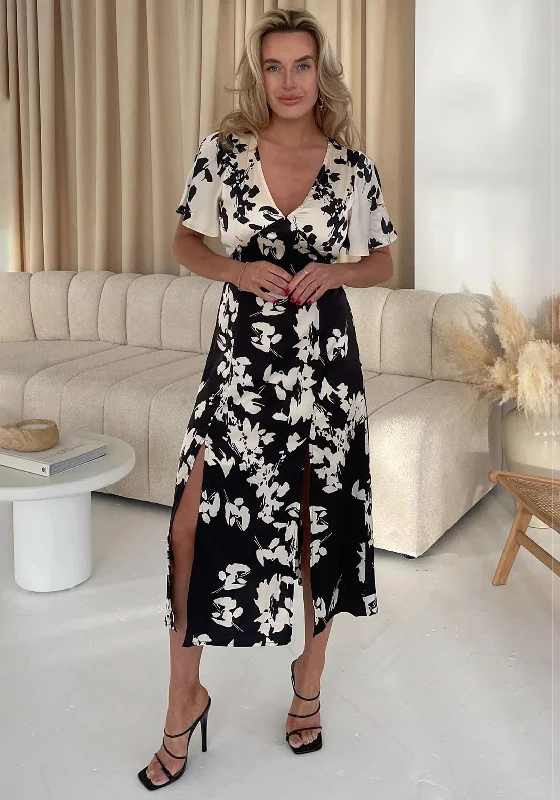 Girl In Mind Levi Angel Sleeve Floral Print Midi Dress, Monochrome Strapless midi dresses Girl In Mind Levi Angel Sleeve Floral Print Midi Dress, Monochrome Strapless midi dresses