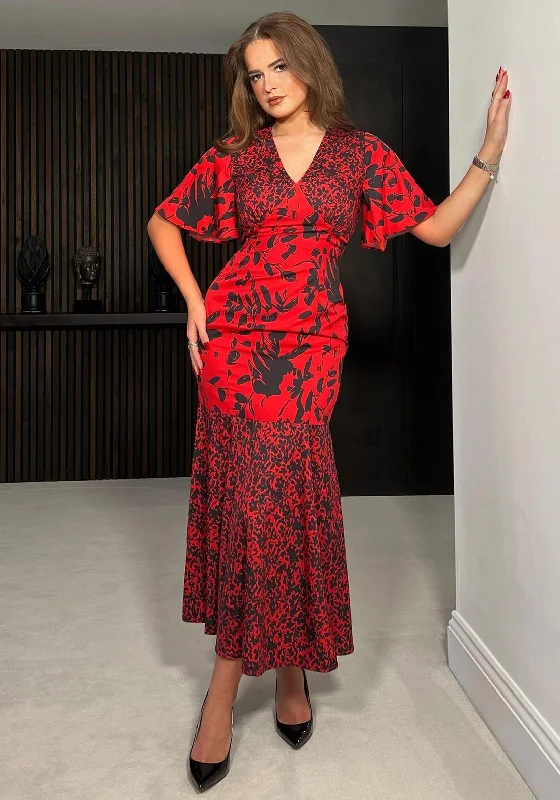 Girl In Mind Remi Floral Tiered Midi Dress, Black & Red Graduation midi dresses