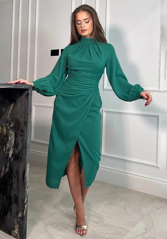 Girl In Mind Tessa Long Sleeve Wrap Midi Dress, Green Sequin midi dresses