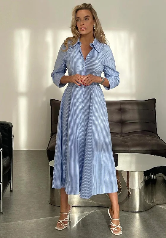 Girl In Mind Valeria Stripy Shirt Midi Dress, Blue Designer midi dresses