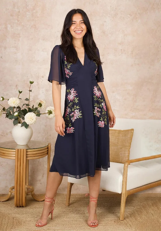 Hope & Ivy Tiffany Embroidered Flutter Sleeve Midi Dress, Navy Boohoo midi dresses