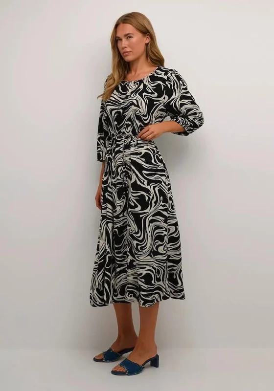 KAFFE Carmen Abstract Zebra Print Midi Dress, Black Smocked midi dresses